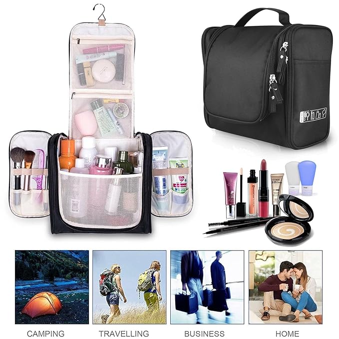 Polyester Toiletry Cosmetic Makeup Bag For Women, Travel Organizer Waterproof Shower Wash Bag, Travel Kit Pack With Hanging Hook, Travel Essentials Pouch