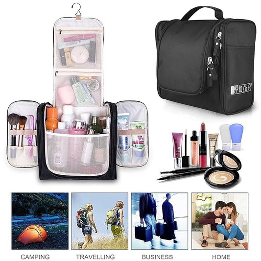 Polyester Toiletry Cosmetic Makeup Bag For Women, Travel Organizer Waterproof Shower Wash Bag, Travel Kit Pack With Hanging Hook, Travel Essentials Pouch